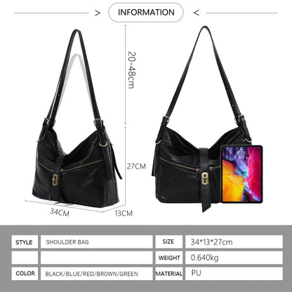 Damen-Schultertasche aus Vintage Öl-Wachs-Leder mit großem Stauraum und Mehrfach-Reißverschlussfächern