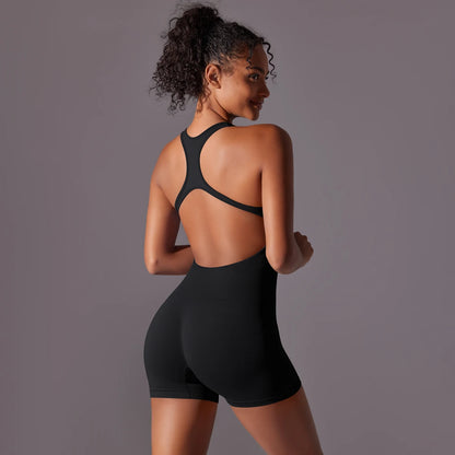 Nahtloser Yoga-Body mit Kurzshorts, schwarz, Racerback und kurze Beine