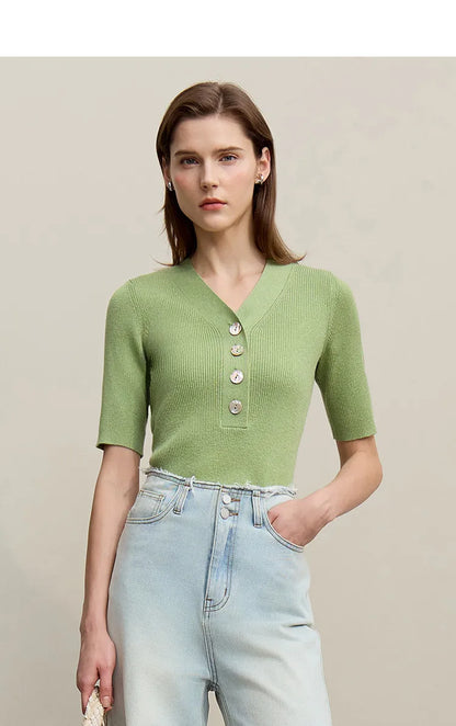 Damen V-Ausschnitt Pullover Wolle-Mix Halbarm Slim Frühling-Herbst