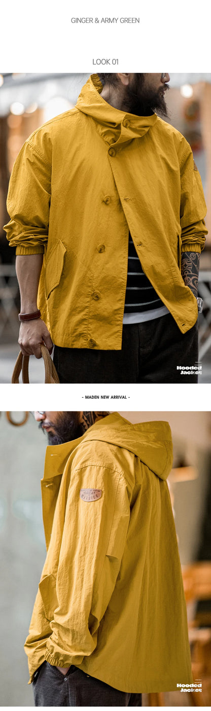 Herren Kapuzenjacke Vintage Einfarbig Dünn Loose Taschen Einzel-Breasted Coat