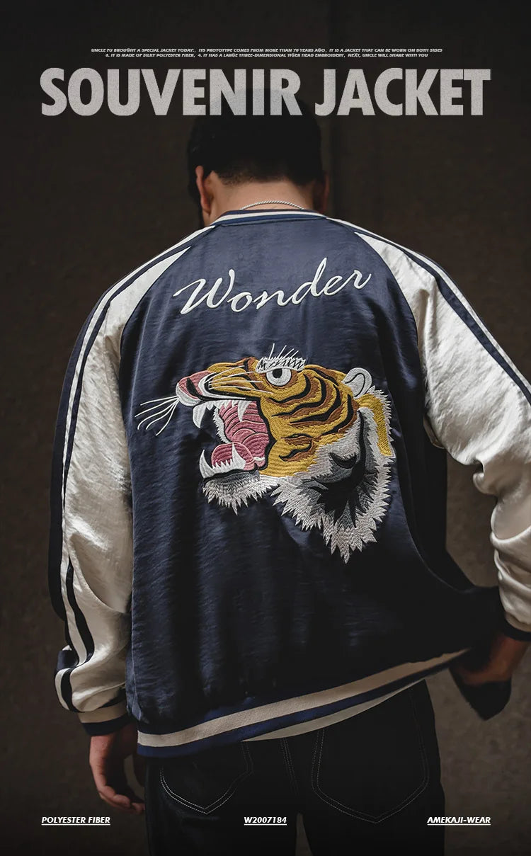 Herren Yokosuka Jacke Retro Reversible Tiger bestickte Patchwork-Outwear
