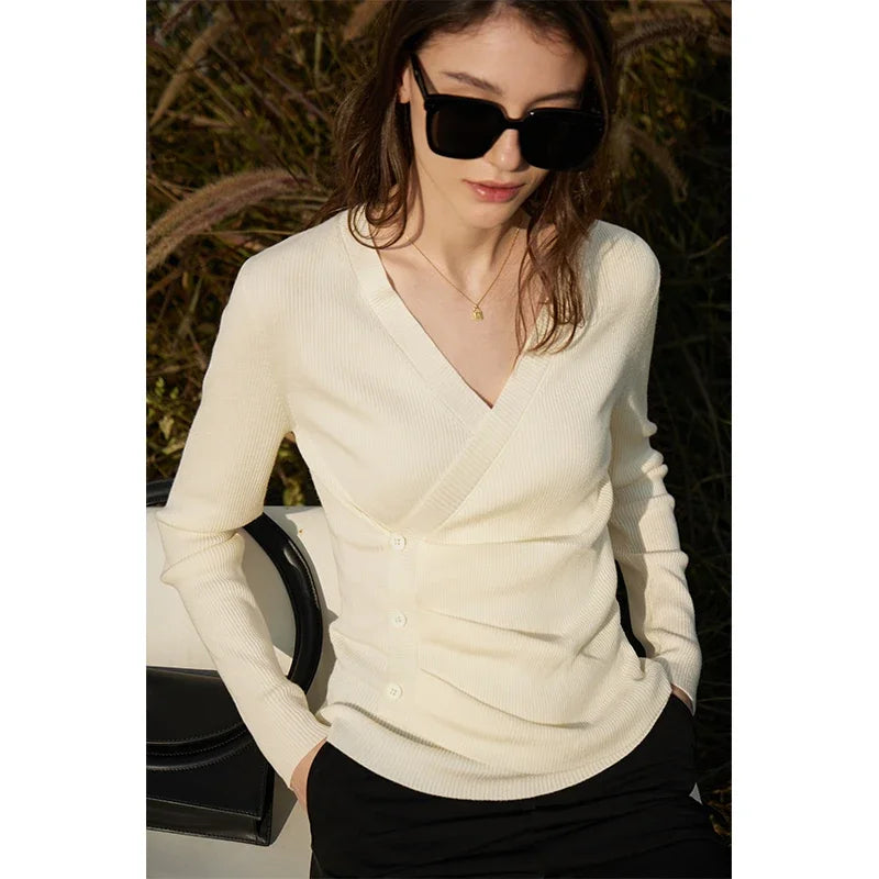 Damen V-Ausschnitt Pullover Kaschmir Slim Shirring Büro Frühling