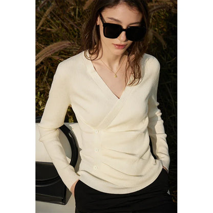 Damen V-Ausschnitt Pullover Kaschmir Slim Shirring Büro Frühling