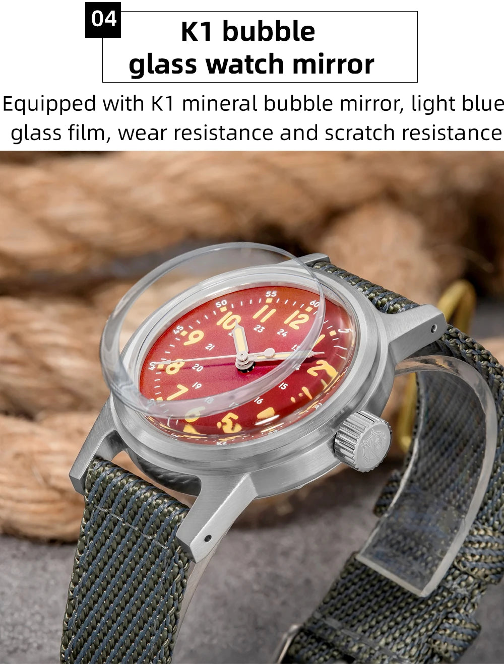 Herren-Automatikuhr mit Bubble-Glas und C3-Leuchtmasse