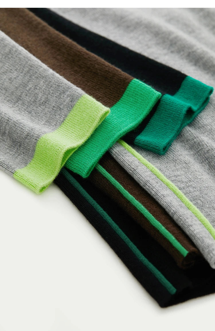 Damenpullover Bündchen mit farbigen Kontrastlagen und neongrünem Streifen