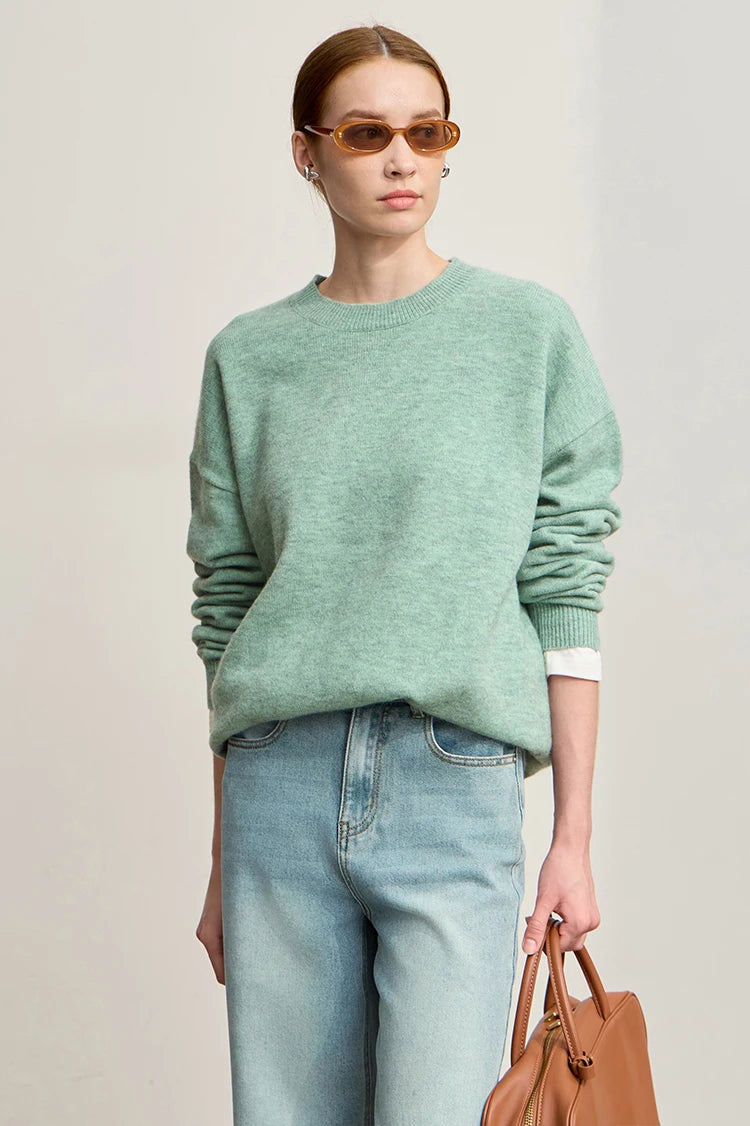 AMII minimalistischer Strickpullover für Damen, mintgrün, vorne, mit Rippbündchen an Ärmeln