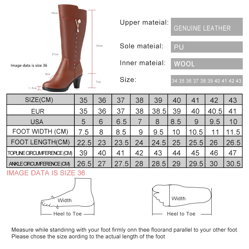 Größentabelle mit Maßskizze für Winterstiefel aus echtem Leder mit Wollfutter