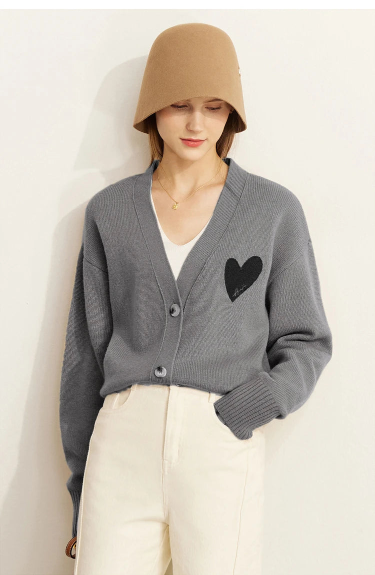Damen-Strickjacke V-Ausschnitt Wollstickerei locker romantisch Winter