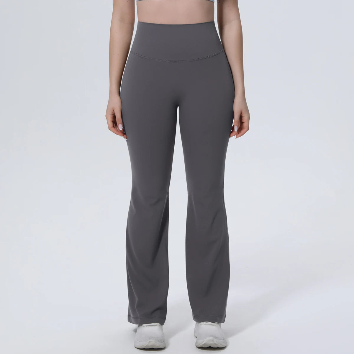 Damen-Sporthose mit hoher Taille, grafitgrau, ausgestelltes Bein für Fitness