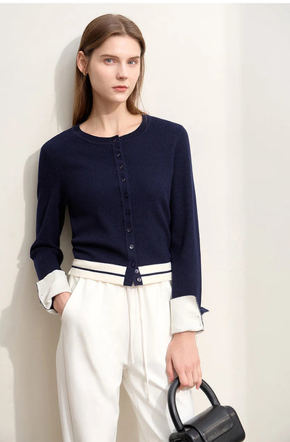 Damen-Strickjacke Rundhals Wolle Streifen kurz Pendler Slim Herbst