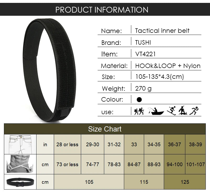 Herren-Taktischer Innengürtel aus Nylon mit Klettverschluss, 4,3 cm Breite, Verstellbar 105–135 cm