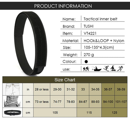 Herren-Taktischer Innengürtel aus Nylon mit Klettverschluss, 4,3 cm Breite, Verstellbar 105–135 cm