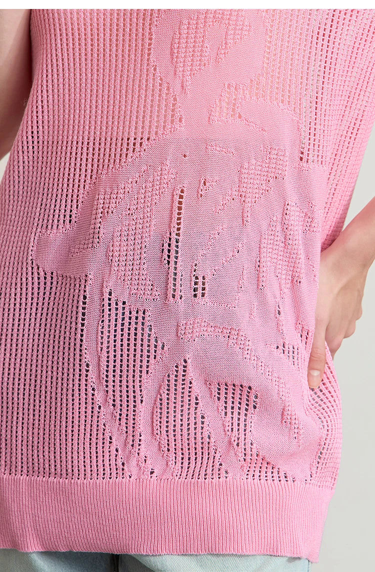 Rosa AMII Damen-Pullover mit Lochmuster-Jacquard und Blumen-/Pflanzenoptik