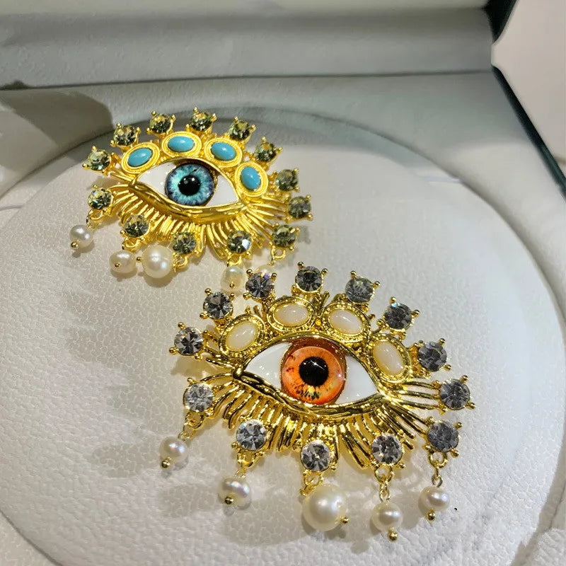 Brosche Emaille Kristall Auge Anhänger Perle Palast Vintage Unisex