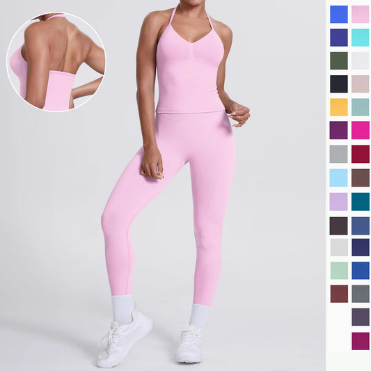 Rosa rückfreies Yoga-Top und Leggings-Set für Damen mit schmalen Trägern