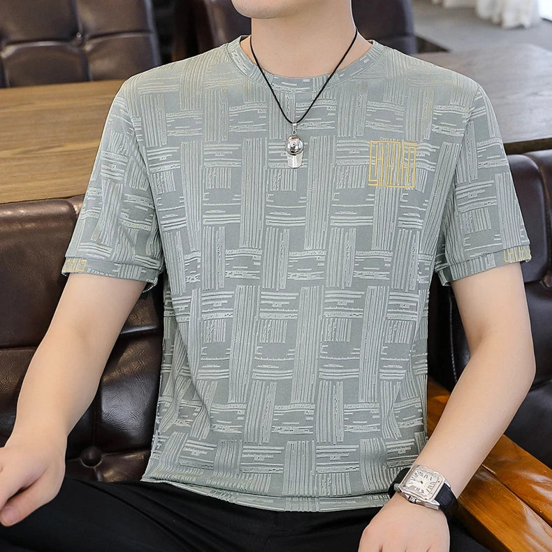 Herren T-Shirt aus Seide mit kurzem Arm und Streifen-Druck für Sommer