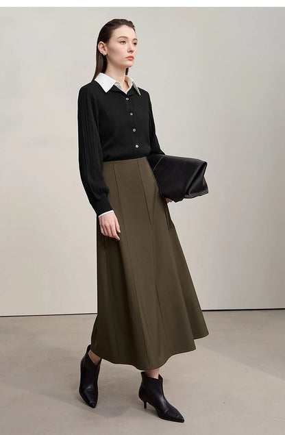 Damen-Strickjacke Slim halbhoher Kragen Laternenärmel Wolle-Mix Herbst