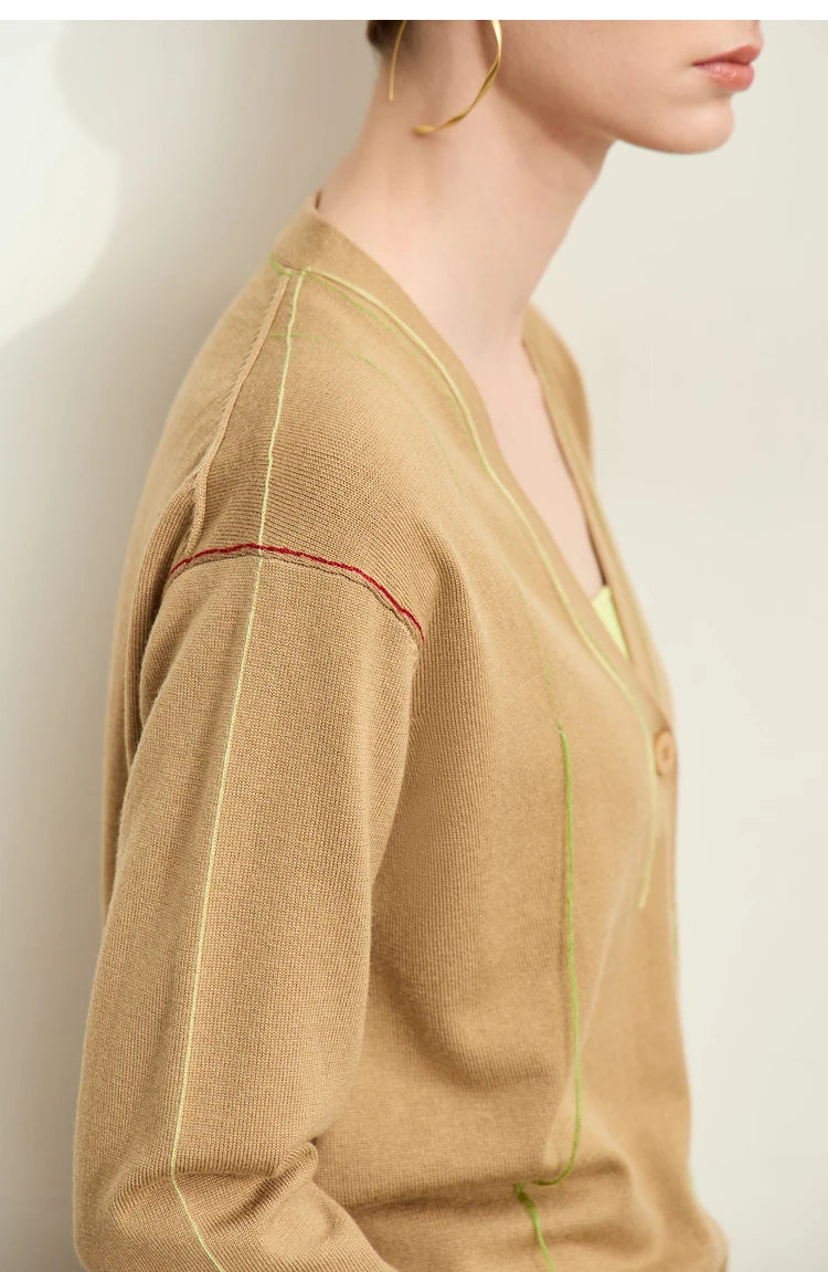 Damen-Strickjacke V-Ausschnitt Patchwork Raglan Wolle-Mix Herbst
