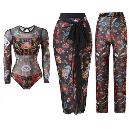 Damen-Badeanzug 3-teilig Print Langarm Sarong-Set gepolstert