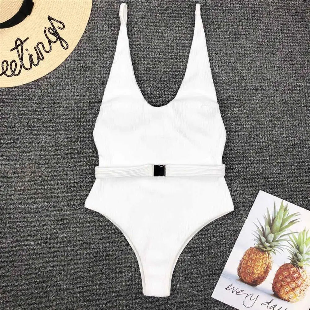 Damen-Badeanzug gerippt High-Cut Gürtel Monokini 6 Farben