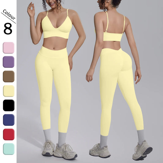 Yoga-Set für Damen mit gepolstertem Sport-BH und Leggings, hellgelb