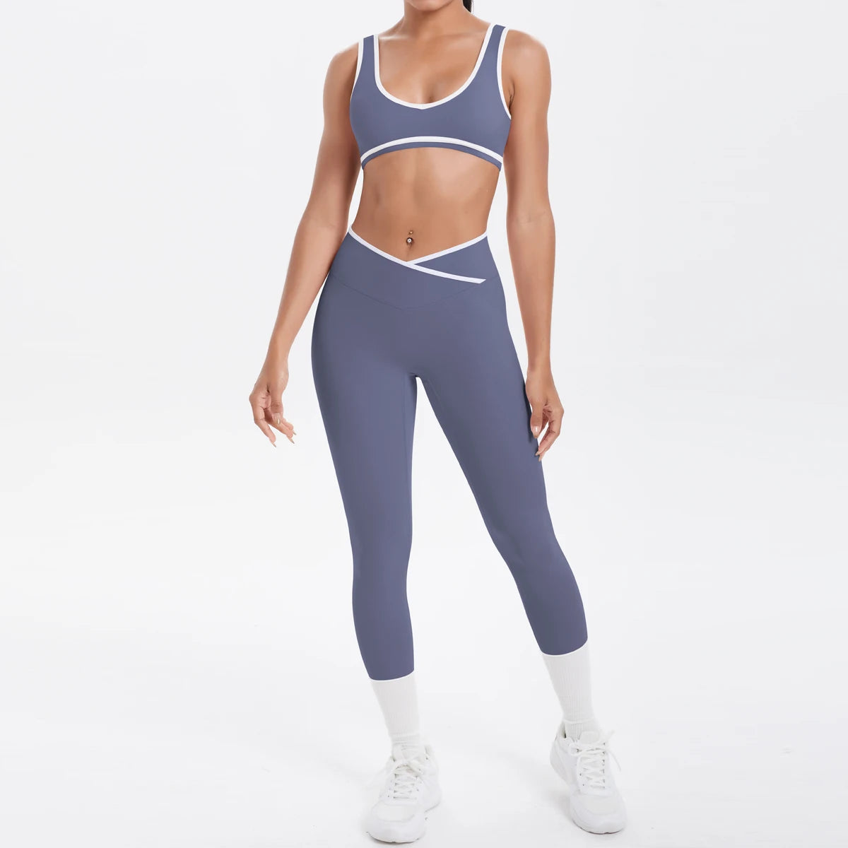 Damen Yoga-Set mit Push-up-BH und 3/4-Leggings, blau-grau mit weißen Nähten