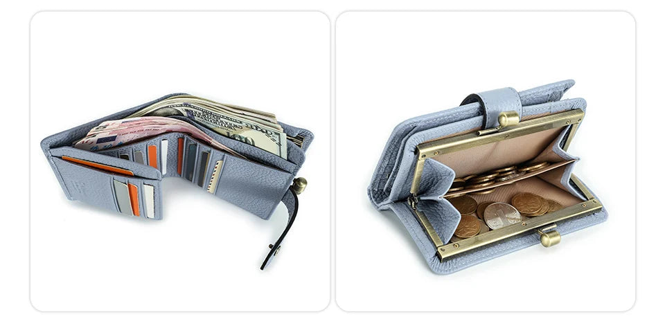 Damen Echtleder Geldbörse Vintage Metallrahmen Kartenhalter Münzbörse Luxus