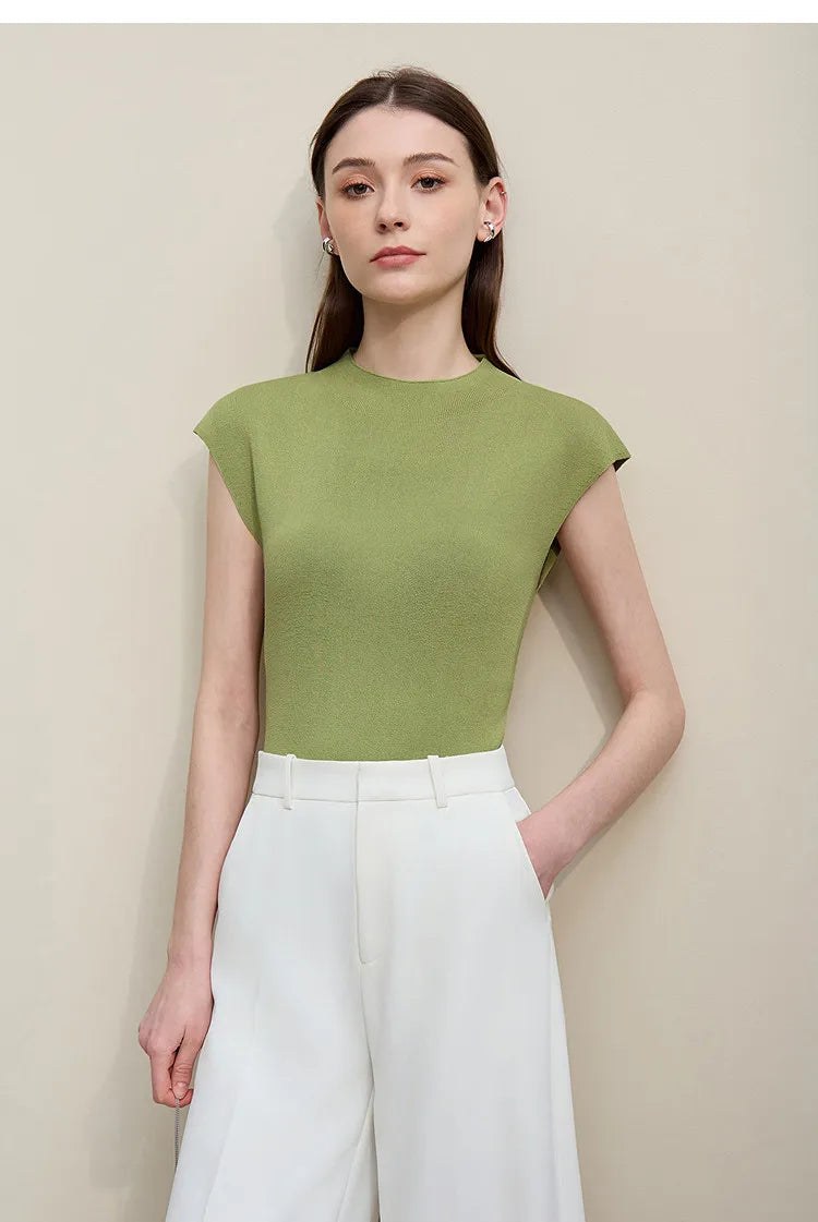 Damen Stricktop mit Stehkragen, Kurzarm und asymmetrischem Saum, grün, einfarbig