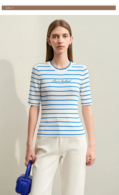 Damen gestreiftes Hemd mit Rundhals und schöner Stickerei für den Sommer