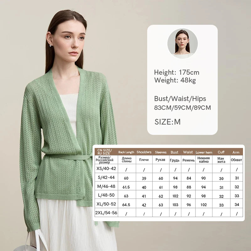 Damen-Strickjacke Lyocell V-Ausschnitt Glockenärmel Gürtel locker Frühling