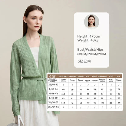 Damen-Strickjacke Lyocell V-Ausschnitt Glockenärmel Gürtel locker Frühling