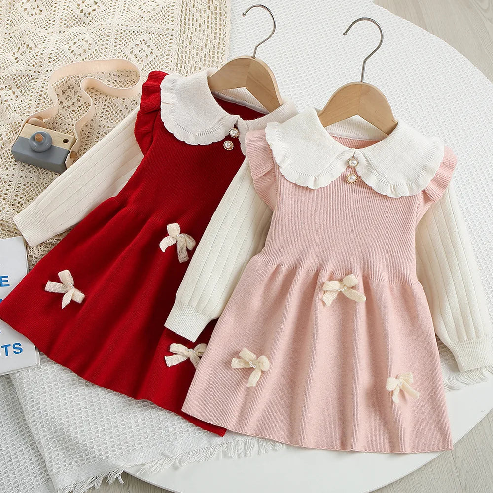 Mädchen Herbst-Strickkleid mit süßer Schleife im Farbblock-Design