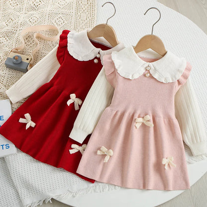 Mädchen Herbst-Strickkleid mit süßer Schleife im Farbblock-Design