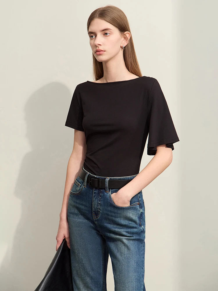 Damen T-Shirt im Minimalismus-Stil mit asymmetrischem Slash Neck und Raffen