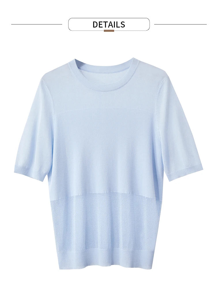 Damen-Strickpullover mit O-Ausschnitt, kurzarm, hellblau, Kontraststreifen am Saum
