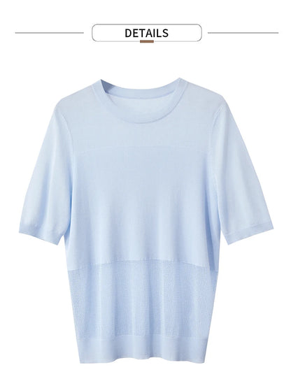 Damen-Strickpullover mit O-Ausschnitt, kurzarm, hellblau, Kontraststreifen am Saum