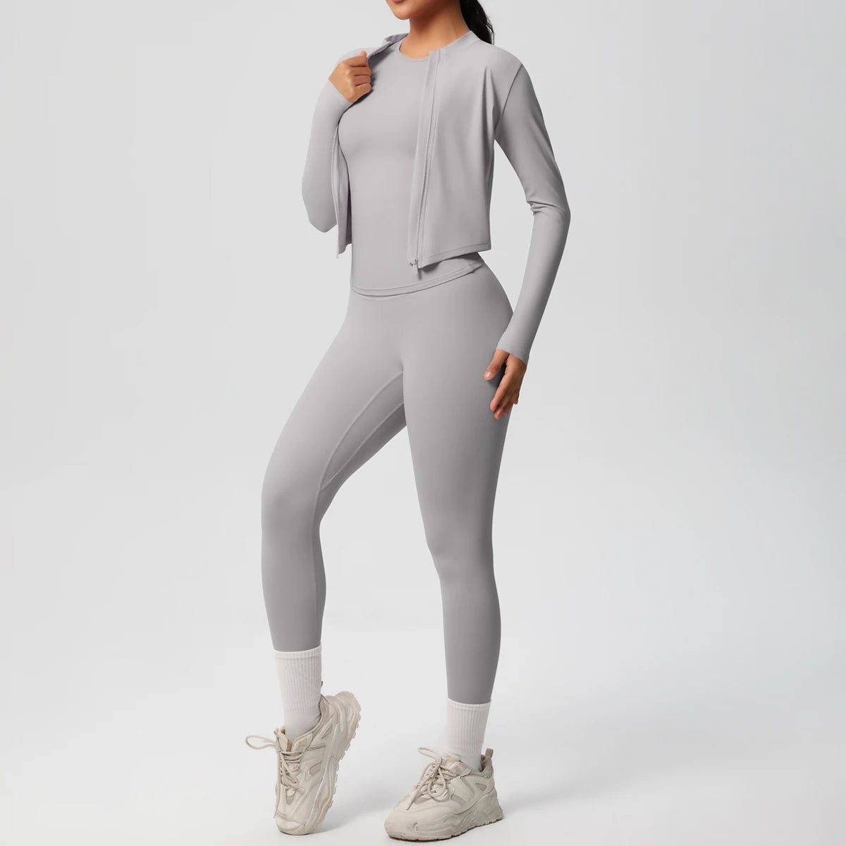 Damen-Yoga-Set in Hellgrau: High-Waist Leggings und langärmliges Top mit Reißverschluss