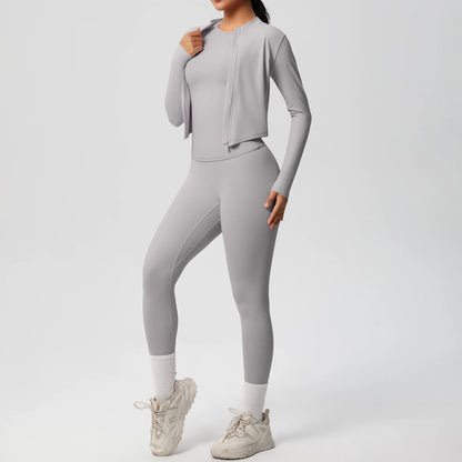 Damen-Yoga-Set in Hellgrau: High-Waist Leggings und langärmliges Top mit Reißverschluss