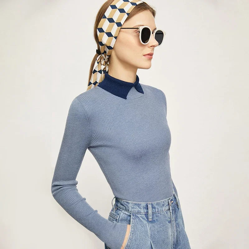Damen-Pullover aus Strick mit Umlegekragen, blau, langarm, körpernah