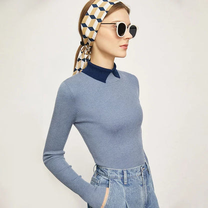 Damen-Pullover aus Strick mit Umlegekragen, blau, langarm, körpernah