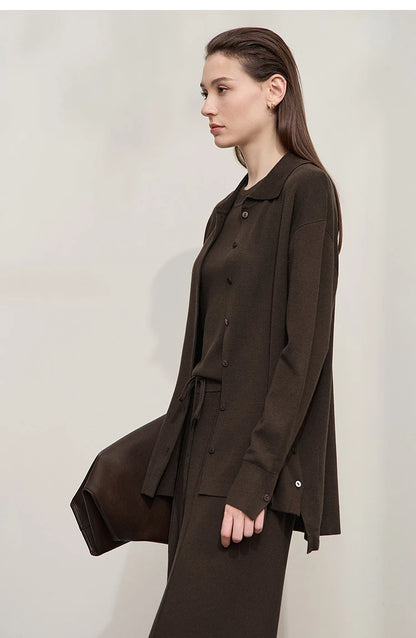 Damen-Strickjacke lang Seide-Wolle Umlegekragen locker Herbst