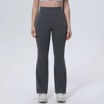 Damen-Yogahose, lang, dunkelgrau, High-Waist Bund, weite Bootcut-Form