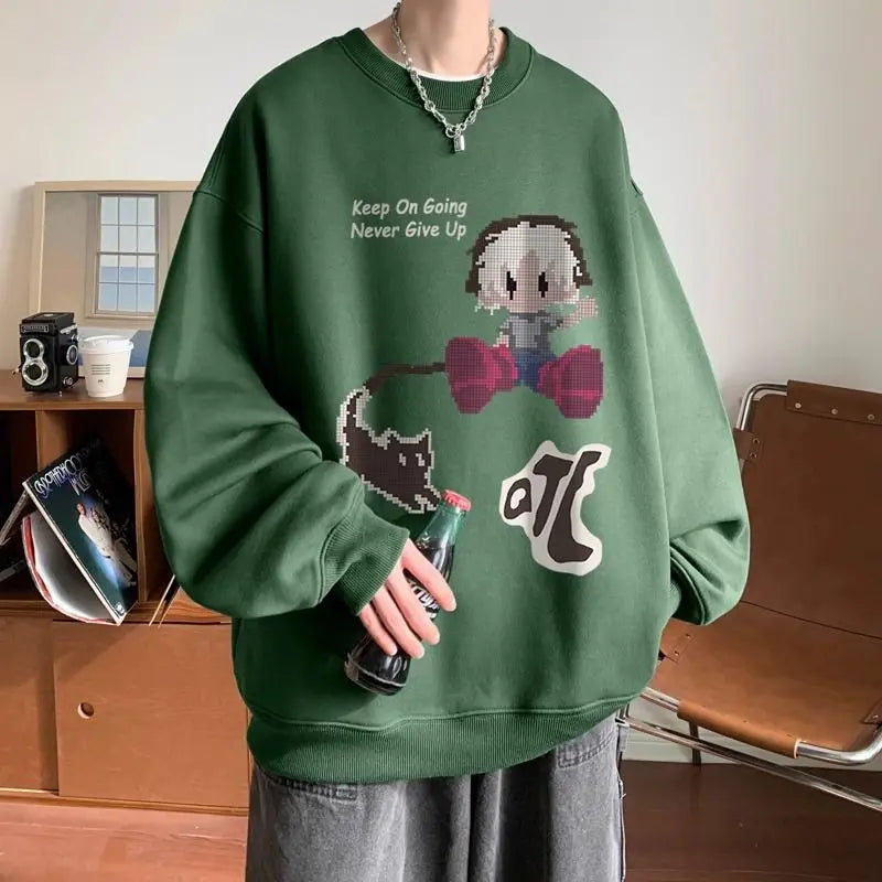 Japanischer Vintage-Pullover mit Fleece, Rundhalsausschnitt und Print – Lässiger Langarm-Hoodie für Herren im Winter.