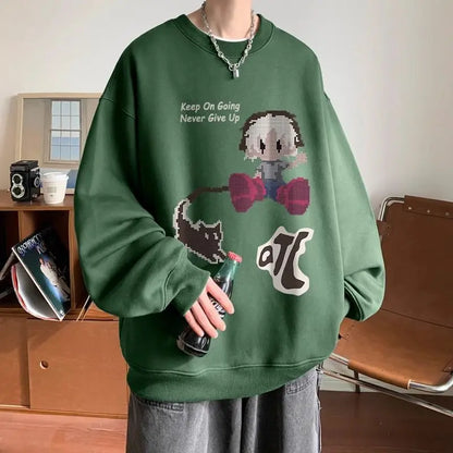 Japanischer Vintage-Pullover mit Fleece, Rundhalsausschnitt und Print – Lässiger Langarm-Hoodie für Herren im Winter.