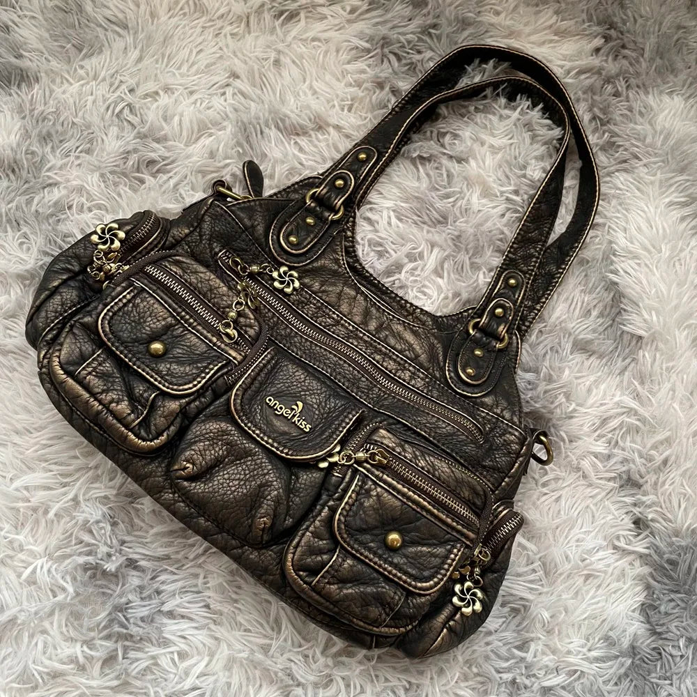 Damen-Hobo-Handtasche aus gewaschenem Leder Schwarz mit Reißverschluss und Innenfächern