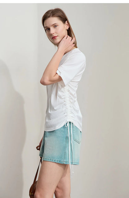 Damen T-Shirt mit solidem V-Ausschnitt und Kordelzug für den Sommer