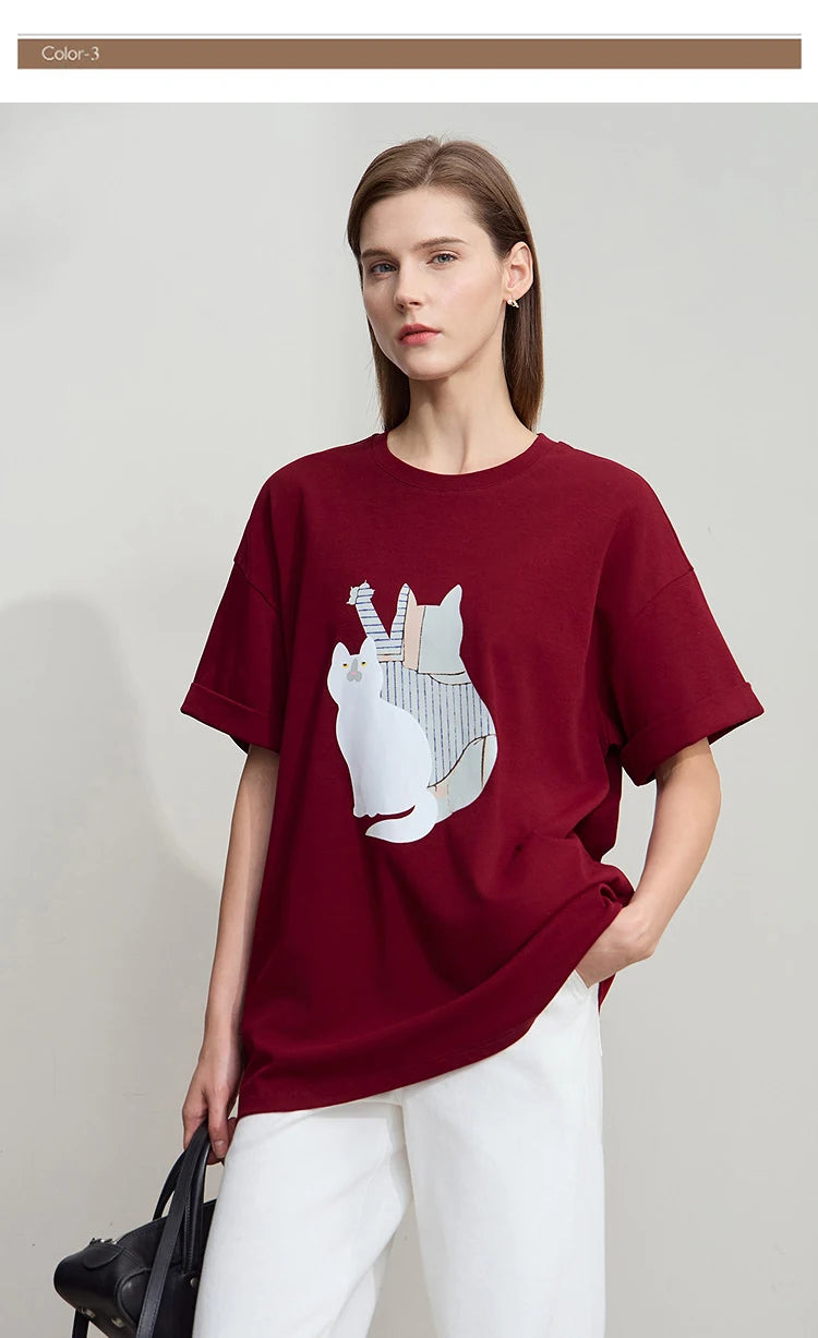 Damen Top im minimalistischen Stil mit O-Ausschnitt und bedrucktem Design