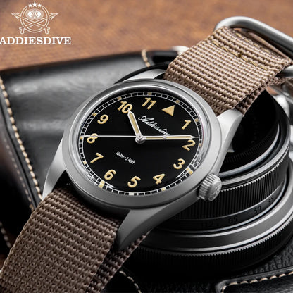 Herren Retro-Quarzuhr 36mm K1 Mineralglas Edelstahl 100m Nachtleuchtzeiger Nylon