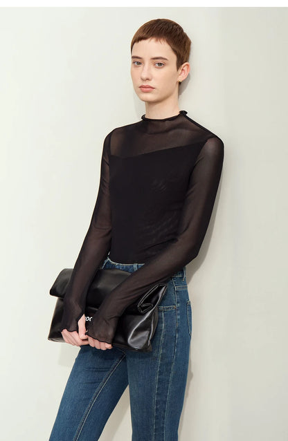 Damen Mesh-T-Shirt im minimalistischen Design mit halbhohem Ausschnitt