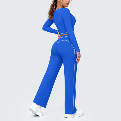Blaues Damen Yoga-Set: Rückansicht mit Langarm-Top mit Cut-out und ausgestellten Leggings